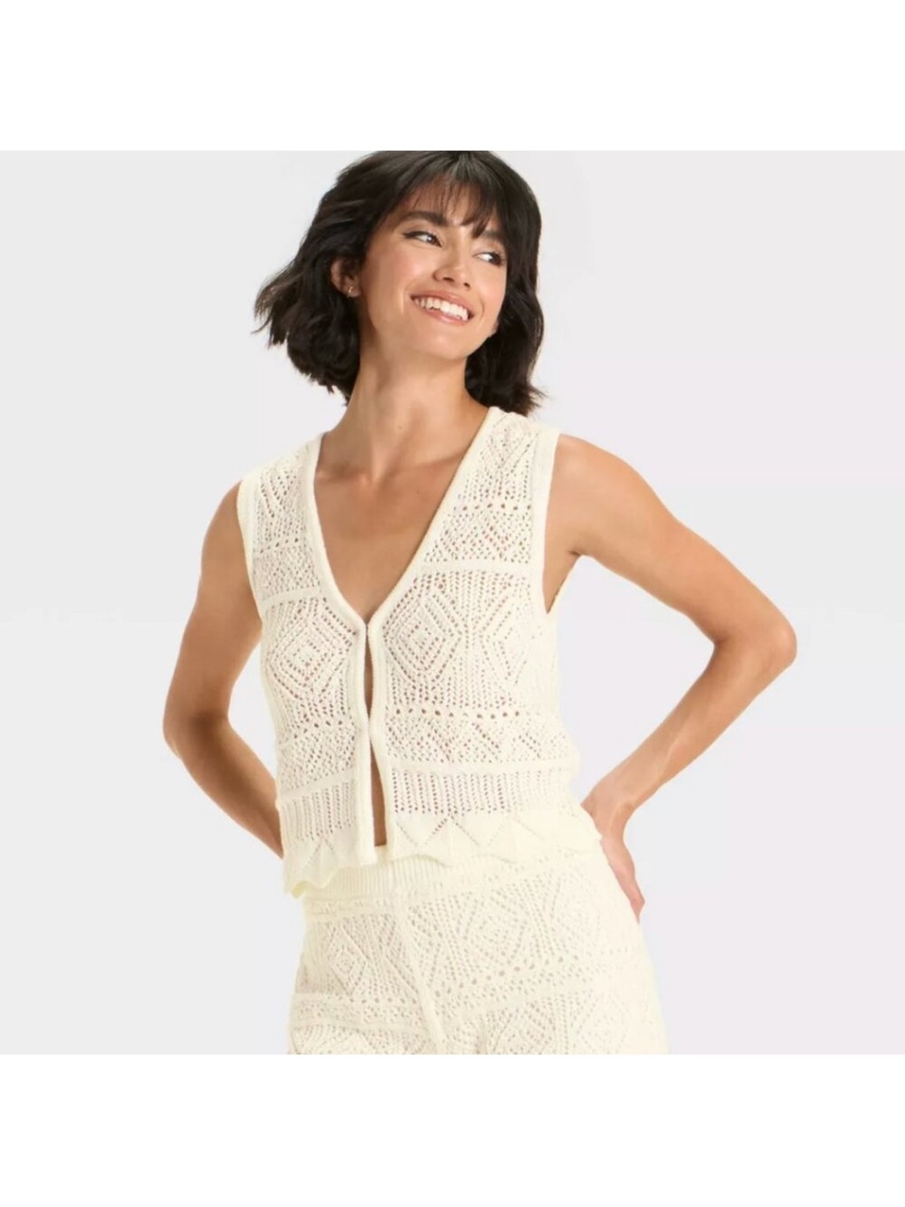 a new day Cream Crochet Knit V-Neck clasp Front Tank